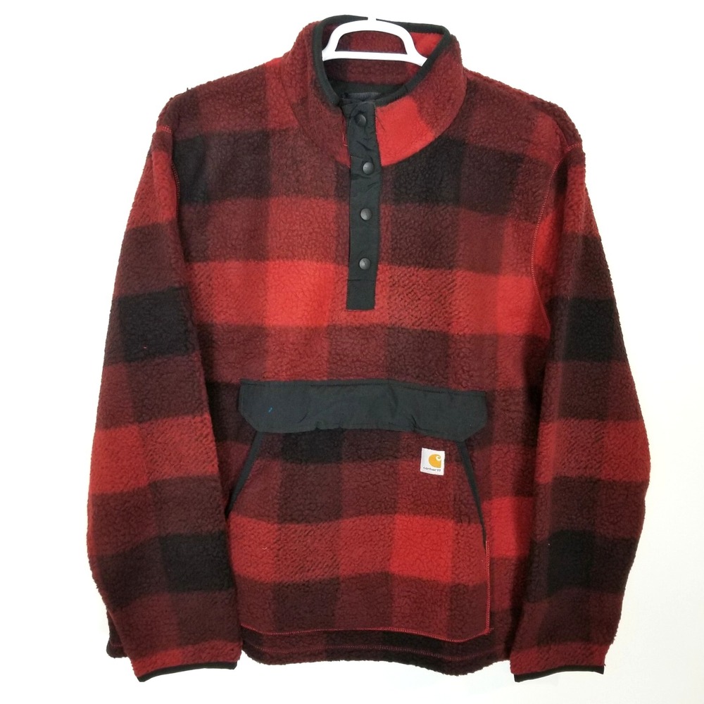 Carhartt Men Relaxed Fit Fleece Jacket Sz XL Reg Snap Neck Red Black Check